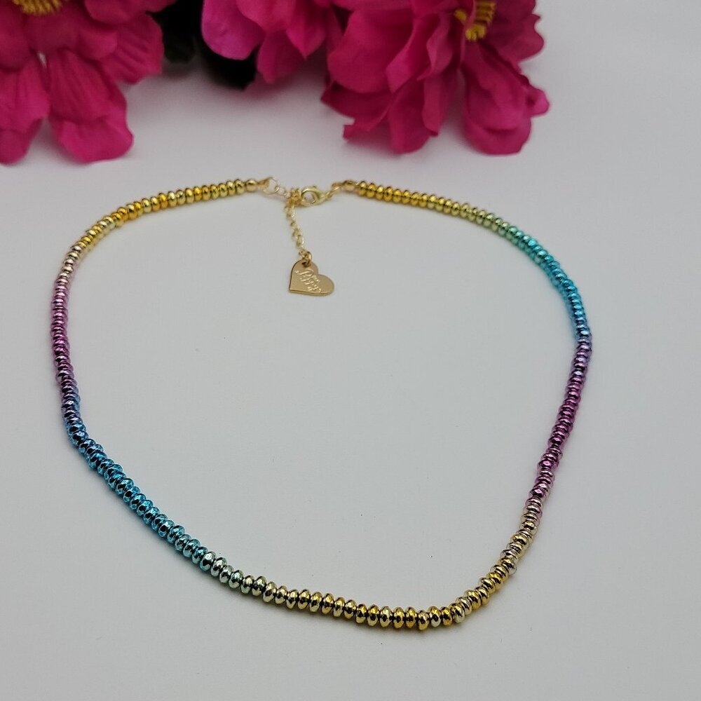 Love Poppy Multicolor Metal Ball Beaded Necklace 18" Adj. Gold Tone Dainty
